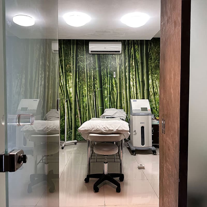 A treatment room viewed through a glass door featuring a clean treatment bed, equipment, and a bamboo forest wall mural adding a nature-inspired touch.