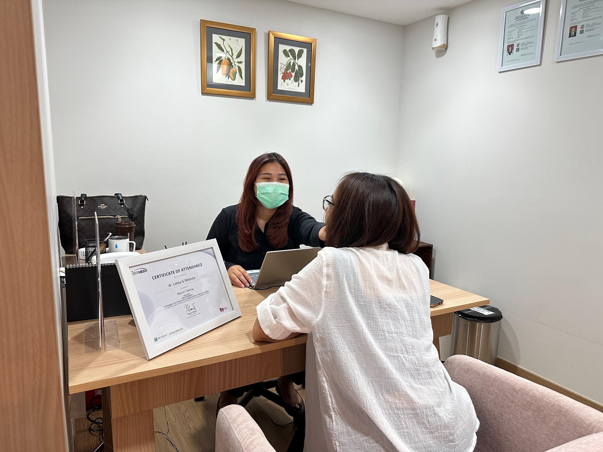 Consultation scene showing a masked practitioner engaging with a client across a wooden desk