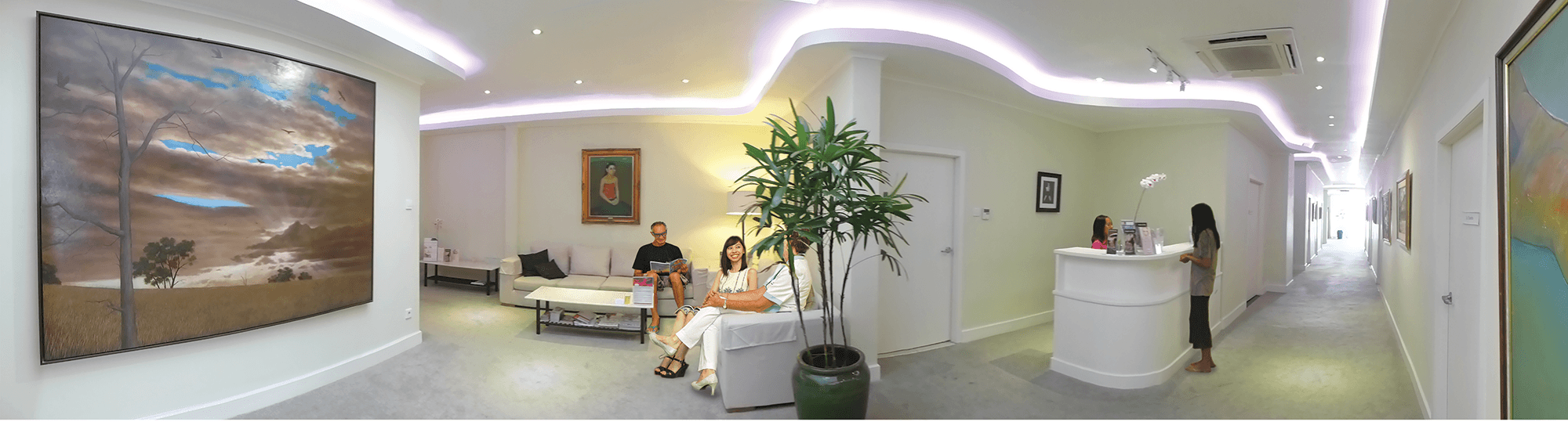 Panoramic view of clinic waiting area and reception with art gallery-style walls, LED accent lighting, clients seated on white sofas, indoor plant, and staff at reception desk.