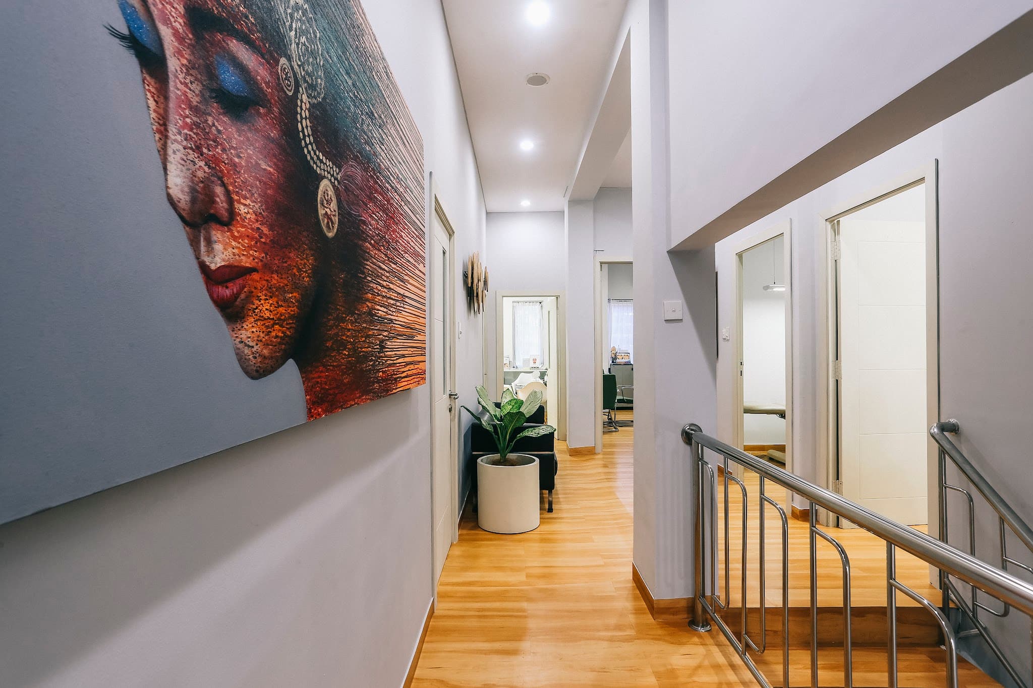 Stylish hallway with large artistic portrait painting, warm wooden flooring, potted plant, stainless railing, treatment room doors. Excellent composition.
