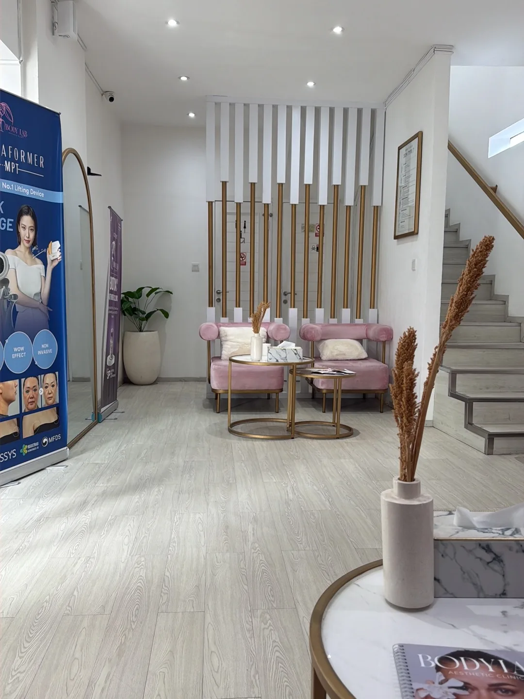 Reception area with two staff members at a white and gold front desk, Christmas tree decoration, clinic branding on the wall, and modern globe pendant light. Seasonal decor adds warmth; human presence at reception is welcoming.